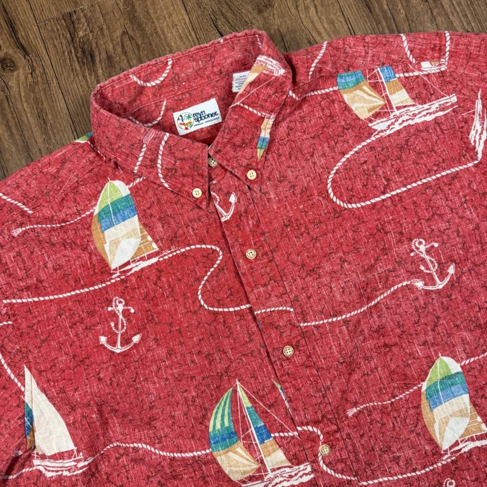Reyn Spooner Hawaiian Shirt Mens XXL Red Sailboat Anchor Reverse Print Button